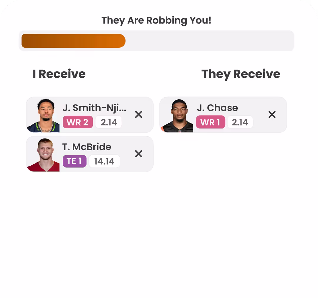 Fantasy football trade calculator showing player values and trade fairness